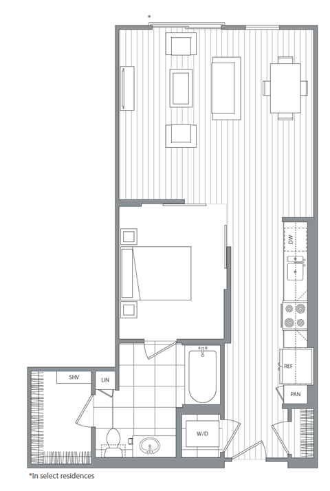 Floor plan for 1 bed, 1 bath, 737 sqft